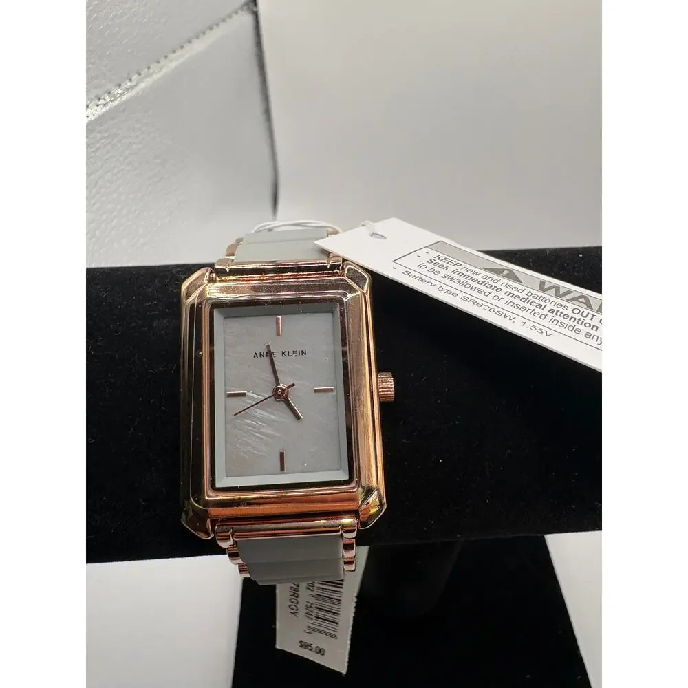 Anne Klein Women Watch Rose Gold Gray Two-Tone Rectangular Bracelet Nwt